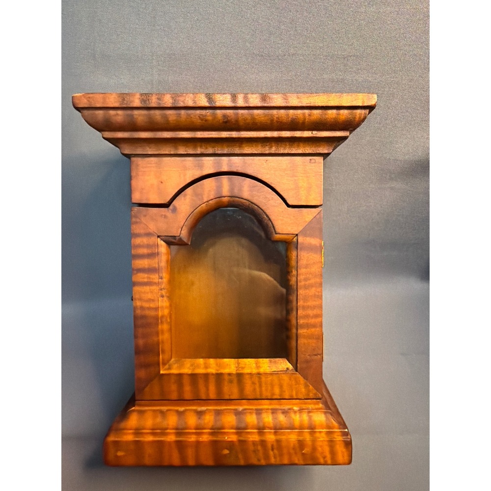 Vintage Tiger Maple Wooden Pocket Watch Case Arched Glass Door Display Box